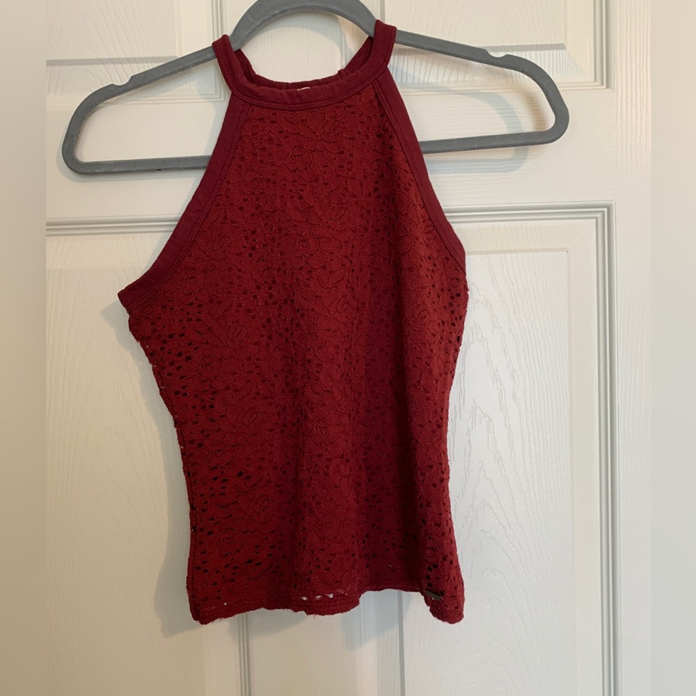 Hollister - Burgundy Halter Style Tank Top with Lace Overlay - Size S